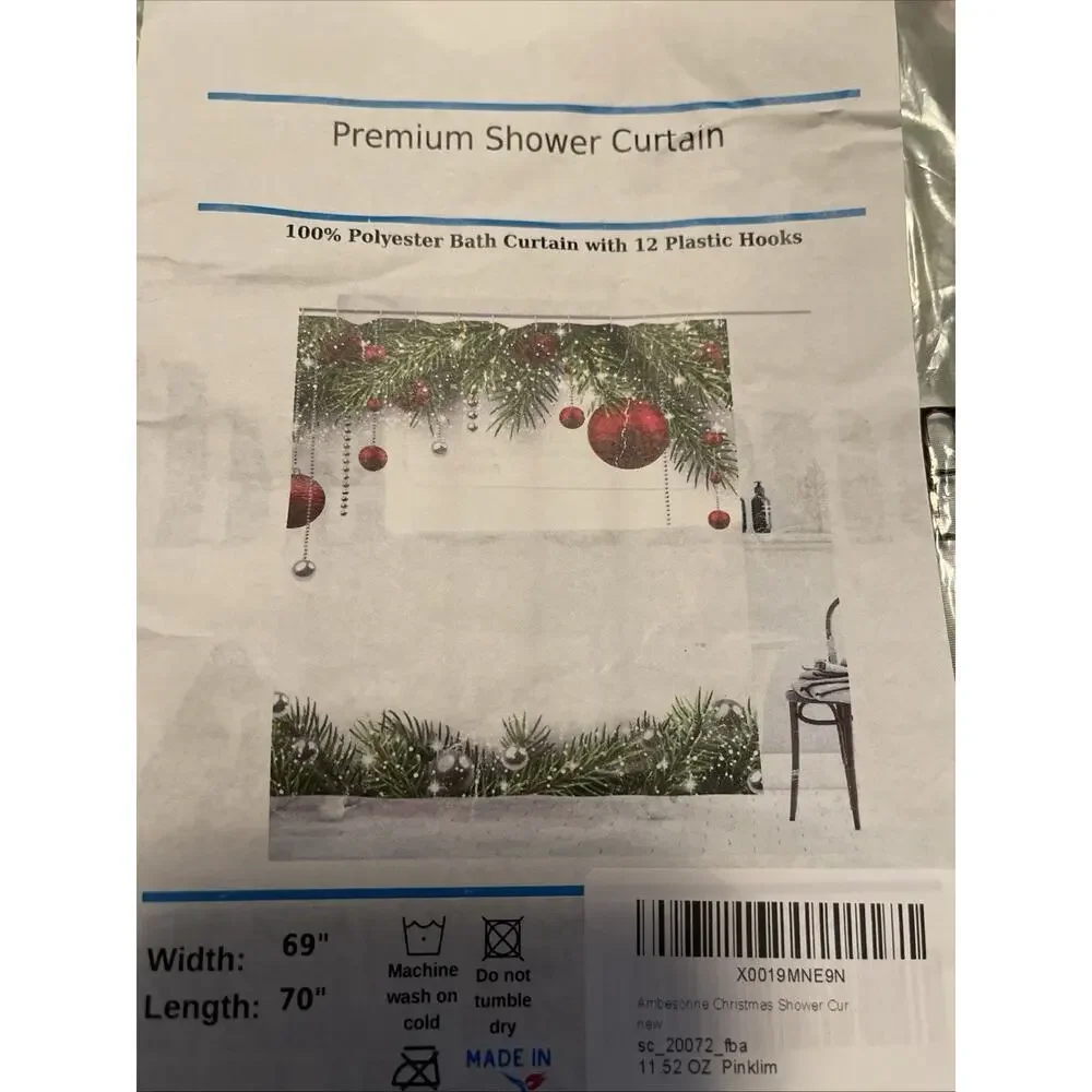 CHRISTMAS SHOWER CURTAIN WITH HOLLY AND CHRISTMAS BALLS